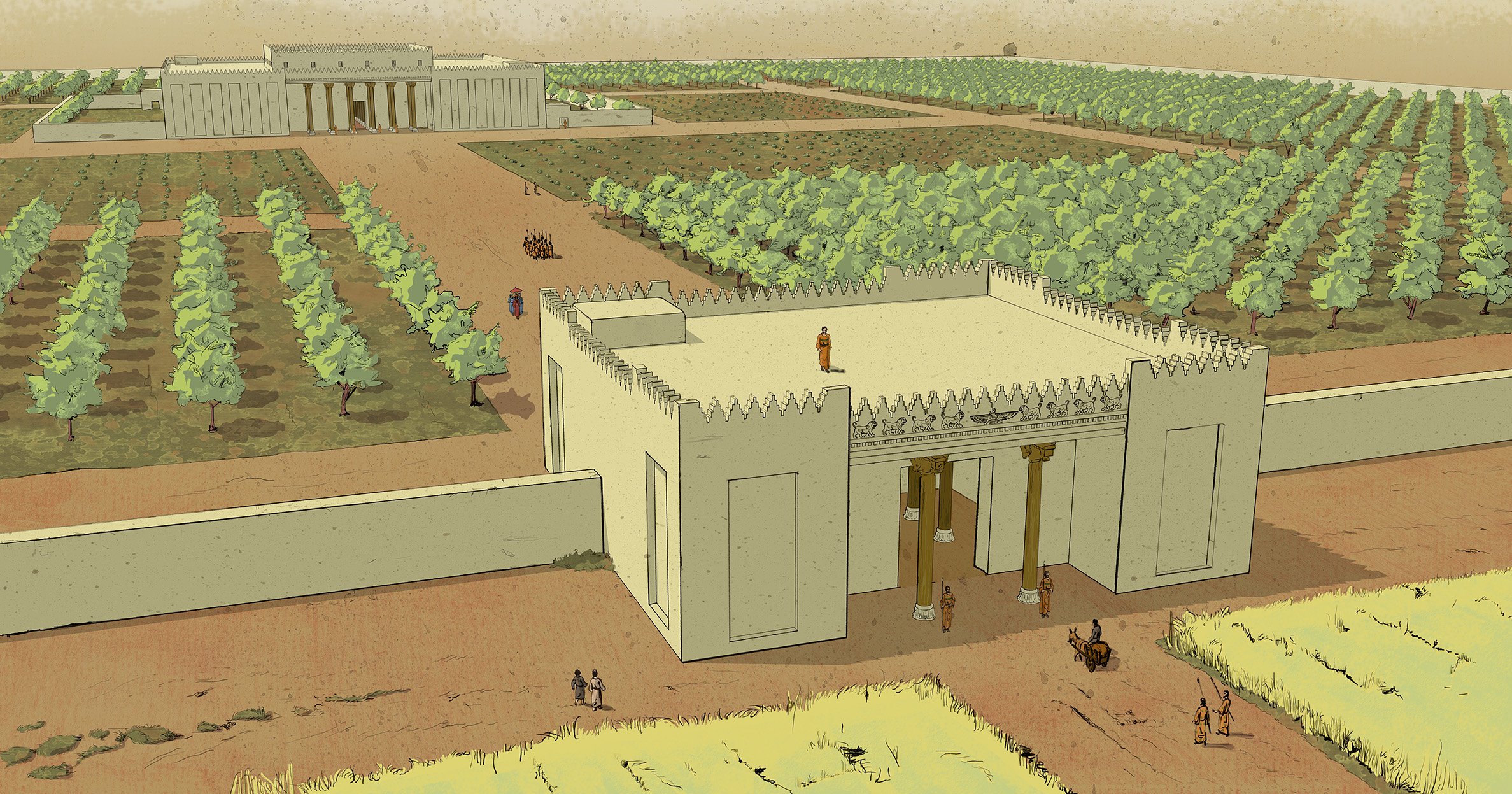 Rekonstruktion (Ansicht von Osten): Im Vordergrund das Propylon und die Umfassungsmauer, dahinter umgeben von einem Paradeisos der Palast