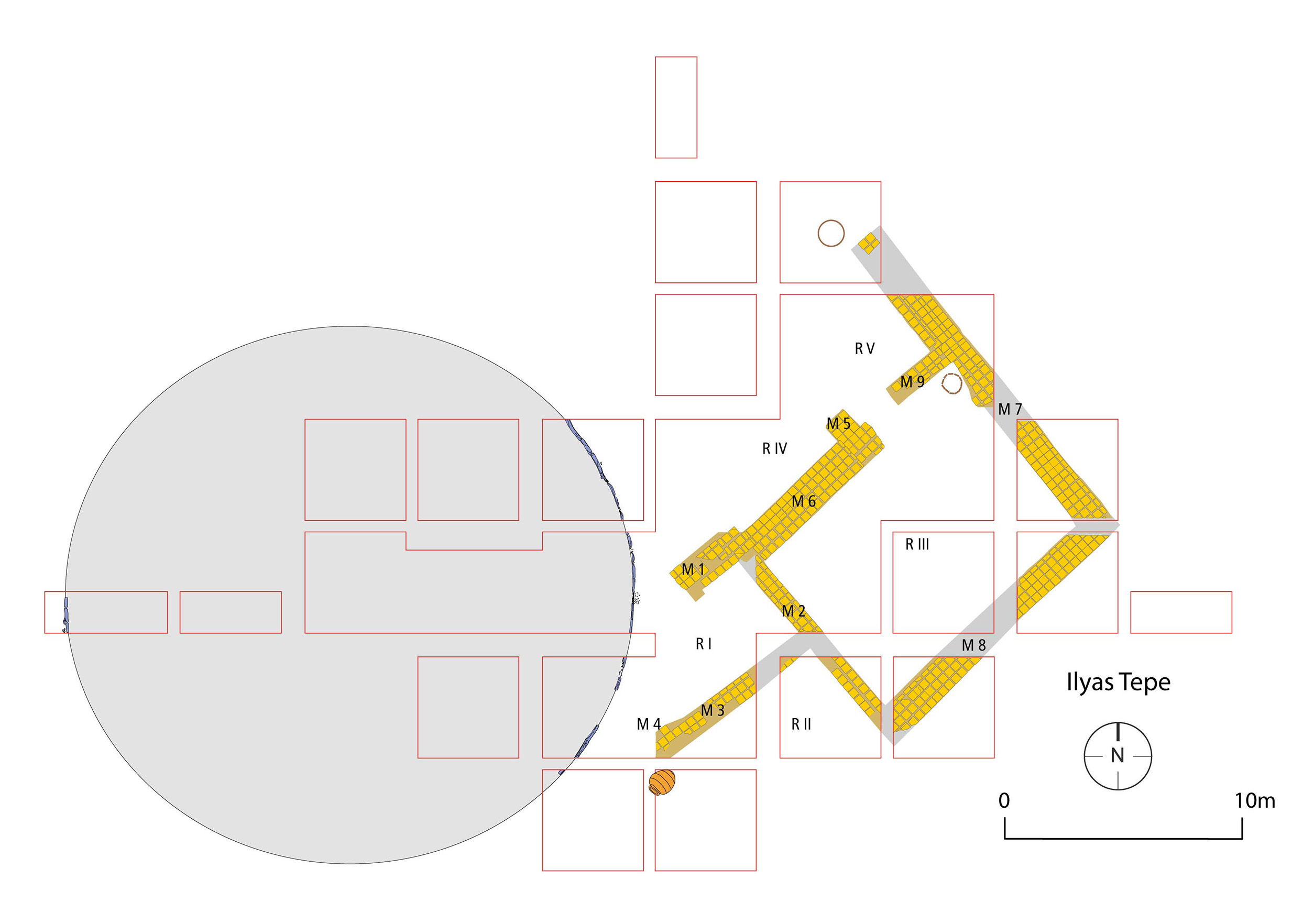 Grundrissplan des Befundes auf dem Ilyas Tepe: Steinkreis, perserzeitliches Gebäude und Pithosgrab