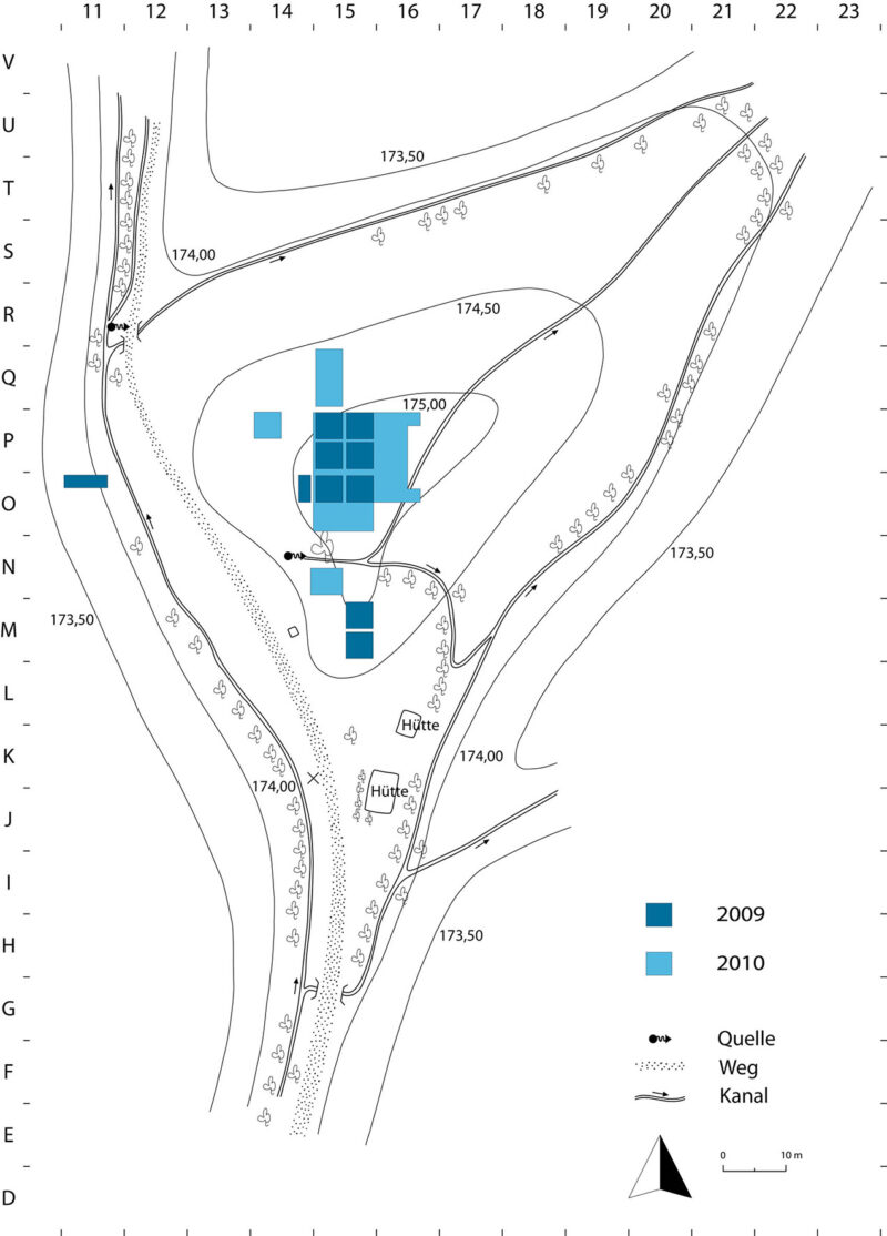 Topographischer Plan des Rizvan Tepe mit Grabungsschnitten 2009-2010 (Plan: M. Gütte/F. Knauß)